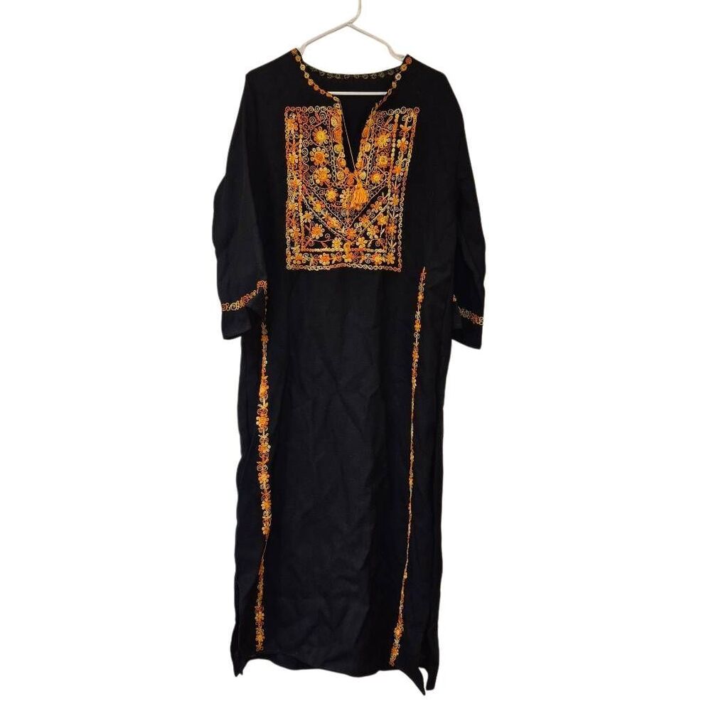 Caftan, Black w Gold & Orange Embroidery Cotton/Poly Textured Tunic Dress NEW w - Picture 1 of 12